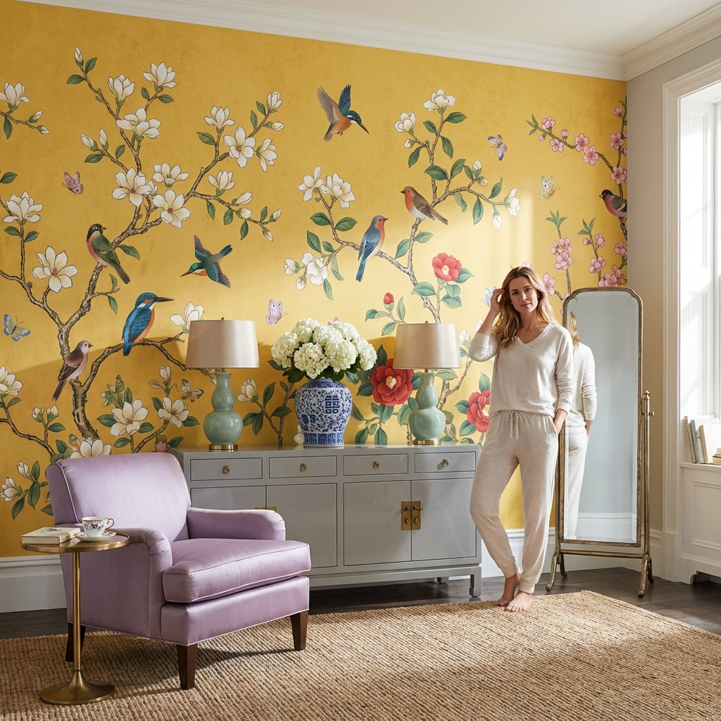 Pink Cherry Wallpaper Birds Floral Wall Mural