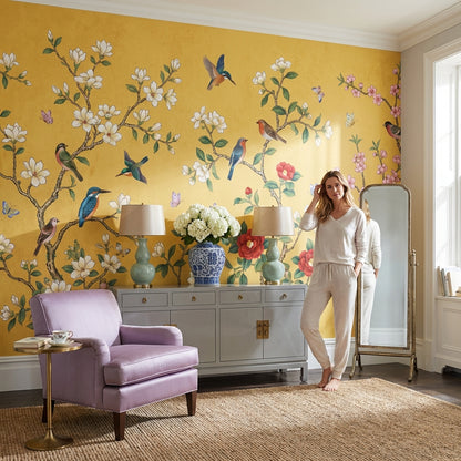 Pink Cherry Wallpaper Birds Floral Wall Mural