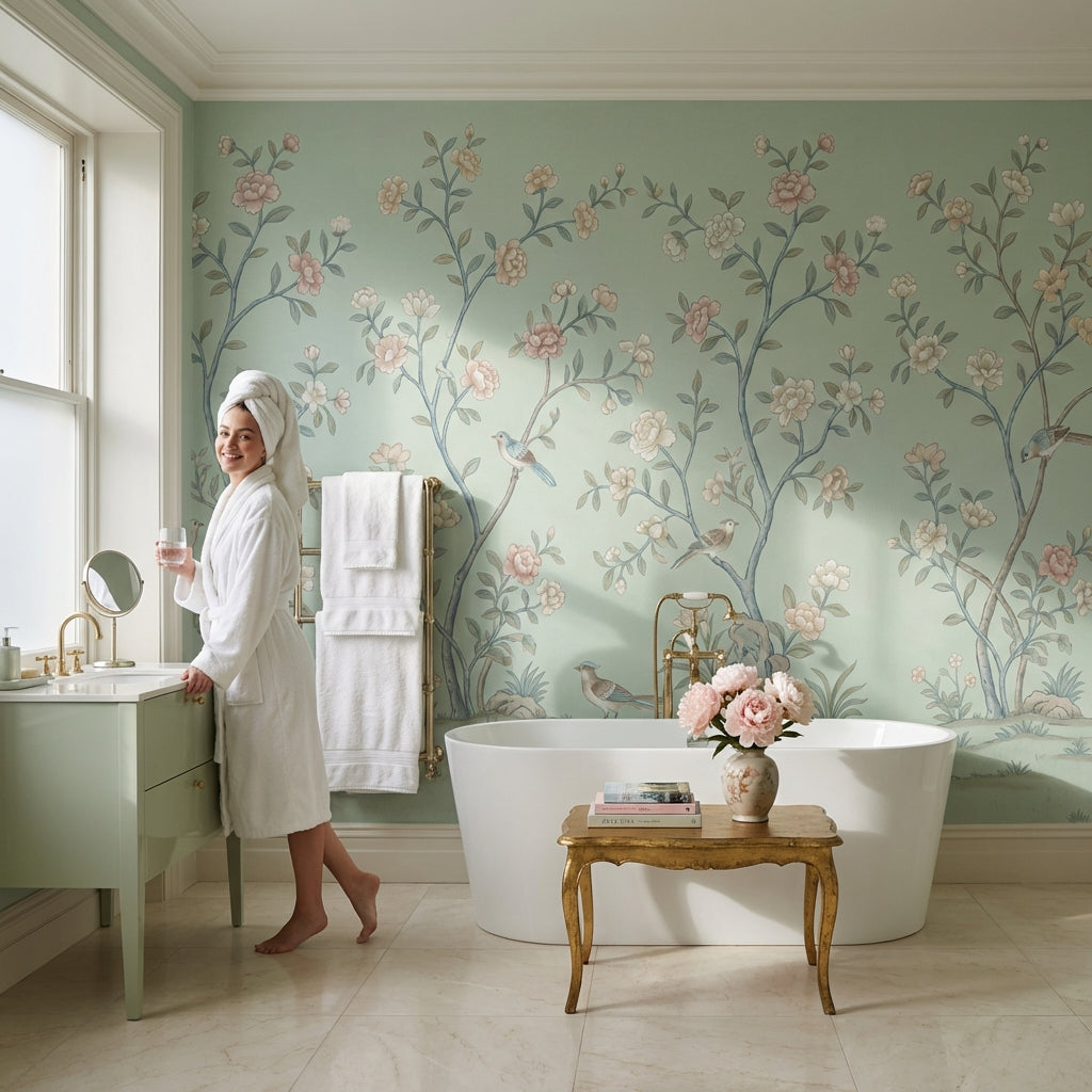 Floral Wallpaper Birds Green Removable Wall Decor