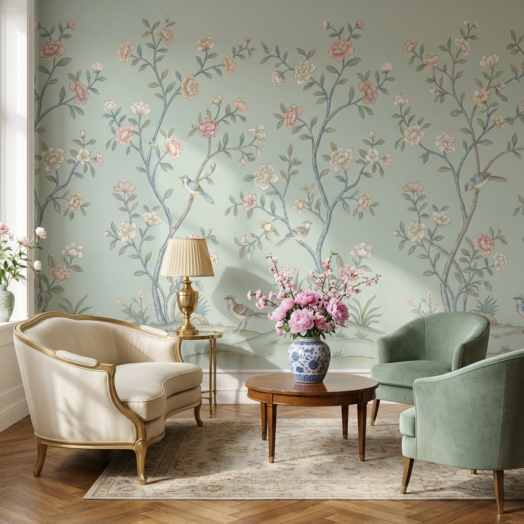 Floral Wallpaper Birds Green Removable Wall Decor