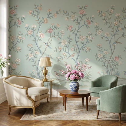 Floral Wallpaper Birds Green Removable Wall Decor