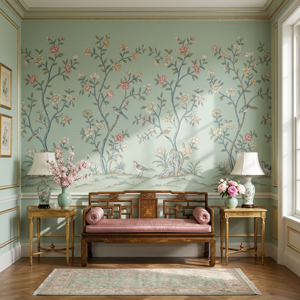 Floral Wallpaper Birds Green Removable Wall Decor