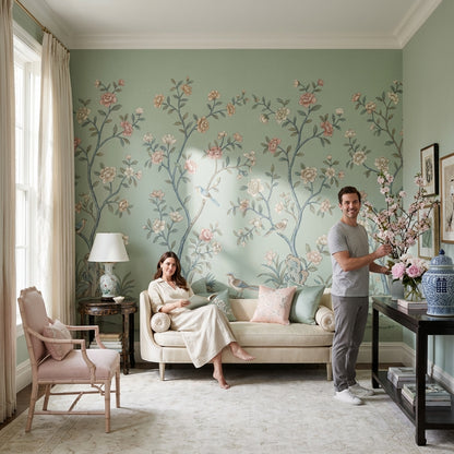 Floral Wallpaper Birds Green Removable Wall Decor