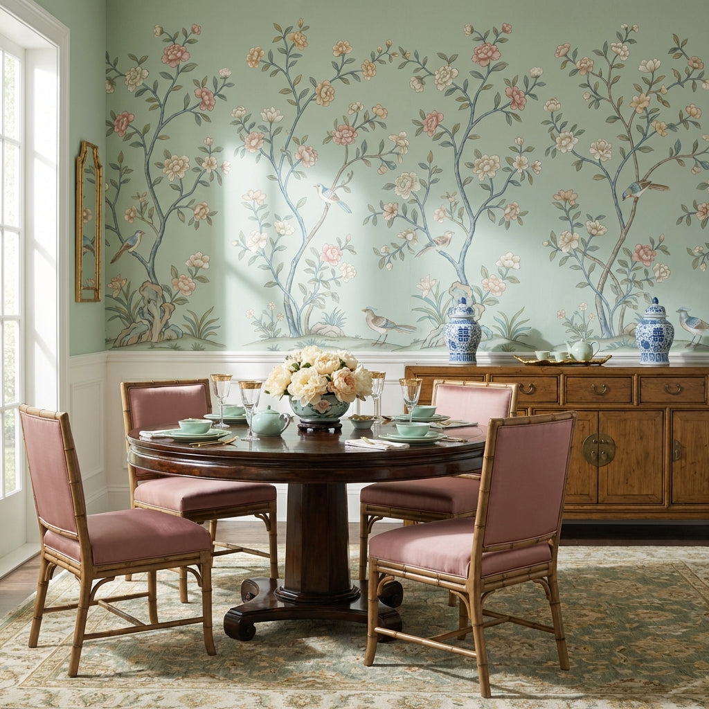 Floral Wallpaper Birds Green Removable Wall Decor