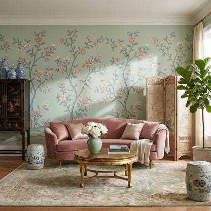 Floral Wallpaper Birds Green Removable Wall Decor