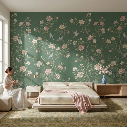 Floral Vintage Wallpaper Birds Green Wall Mural