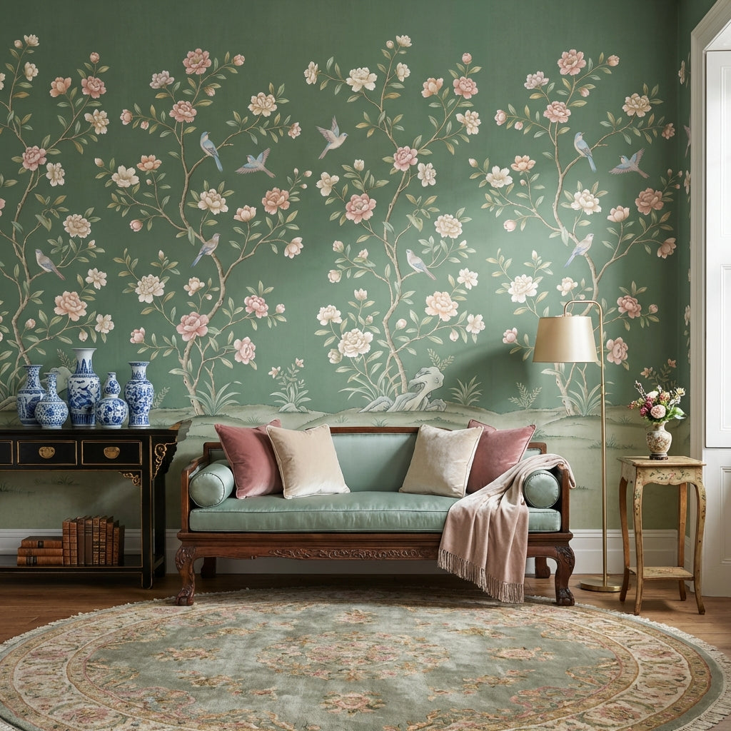 Floral Vintage Wallpaper Birds Green Wall Mural