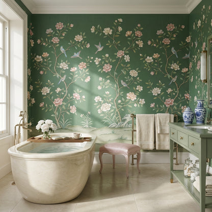 Floral Vintage Wallpaper Birds Green Wall Mural