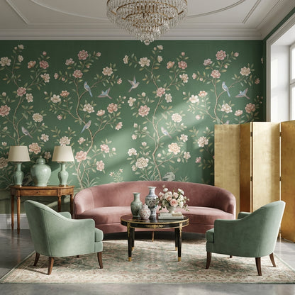 Floral Vintage Wallpaper Birds Green Wall Mural