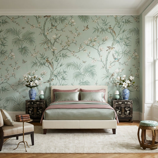 Vintage Wallpaper Birds Green Removable Wall Decor