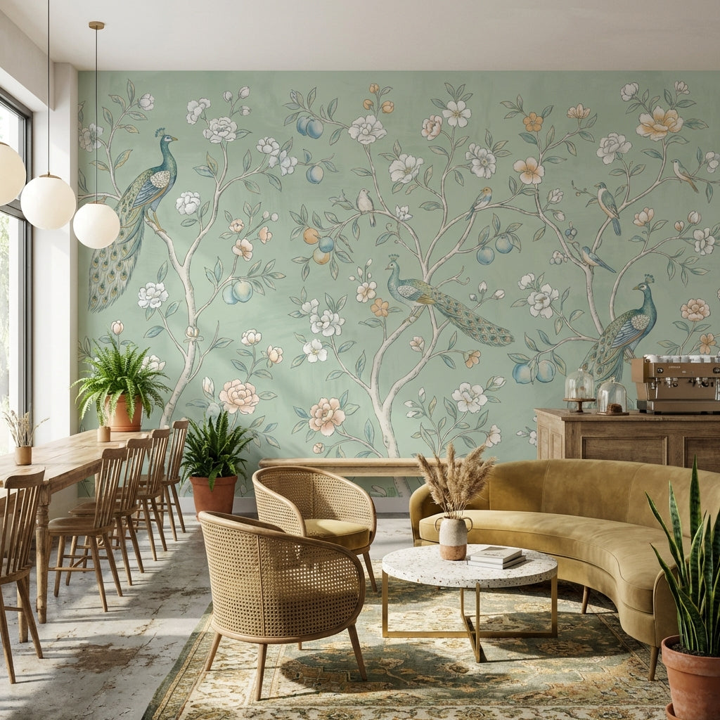 Peacock Wallpaper Floral Vintage Wall Mural