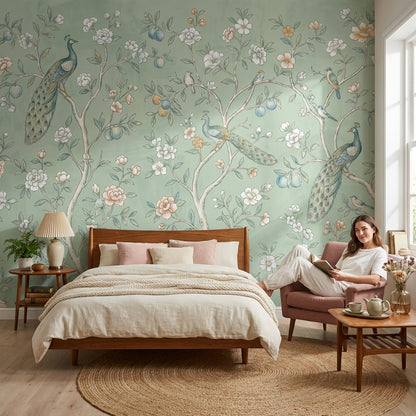 Peacock Wallpaper Floral Vintage Wall Mural