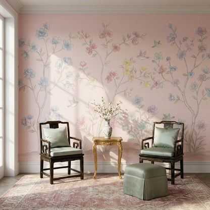 Pastel Floral Wallpaper Birds Garden Wall Mural