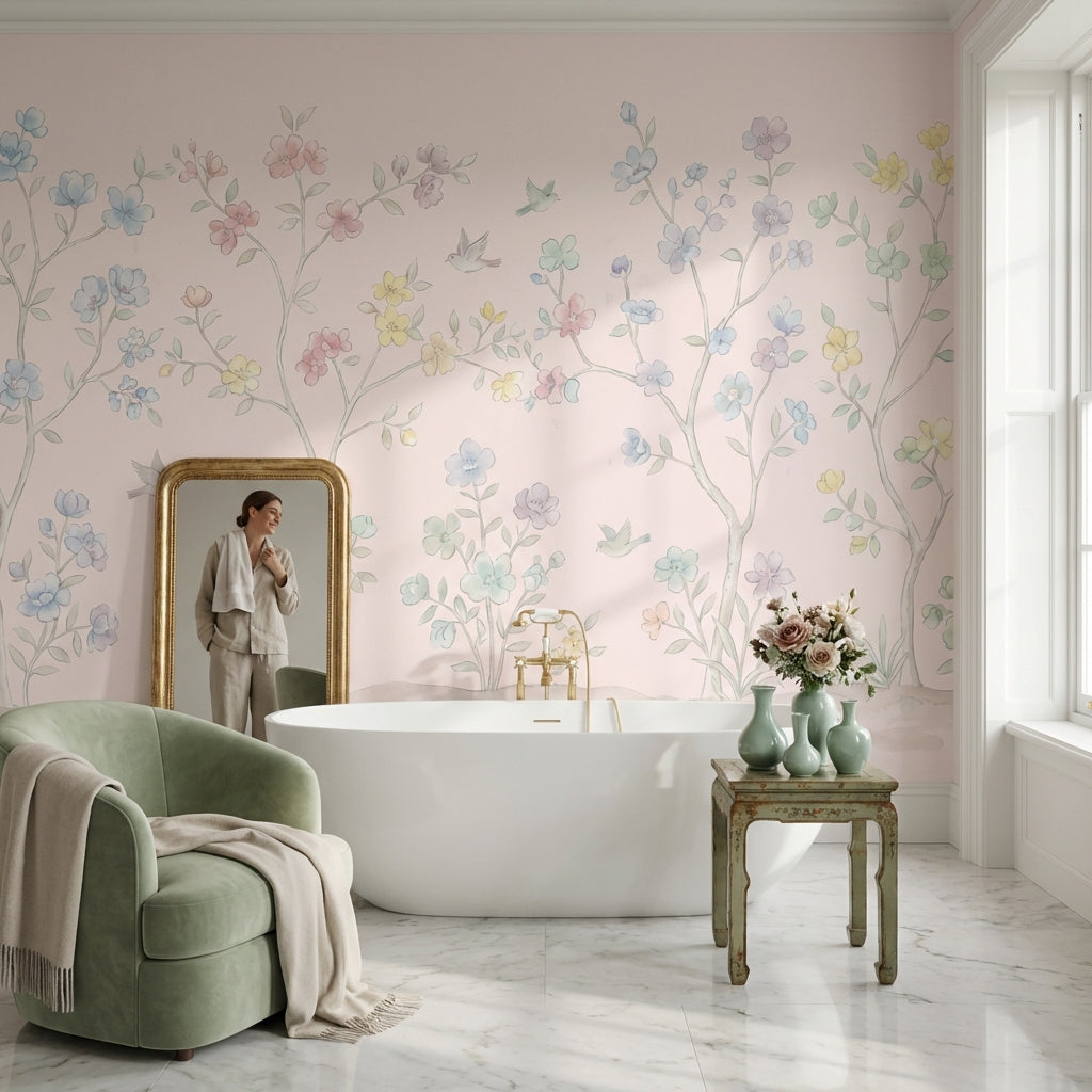 Pastel Floral Wallpaper Birds Garden Wall Mural