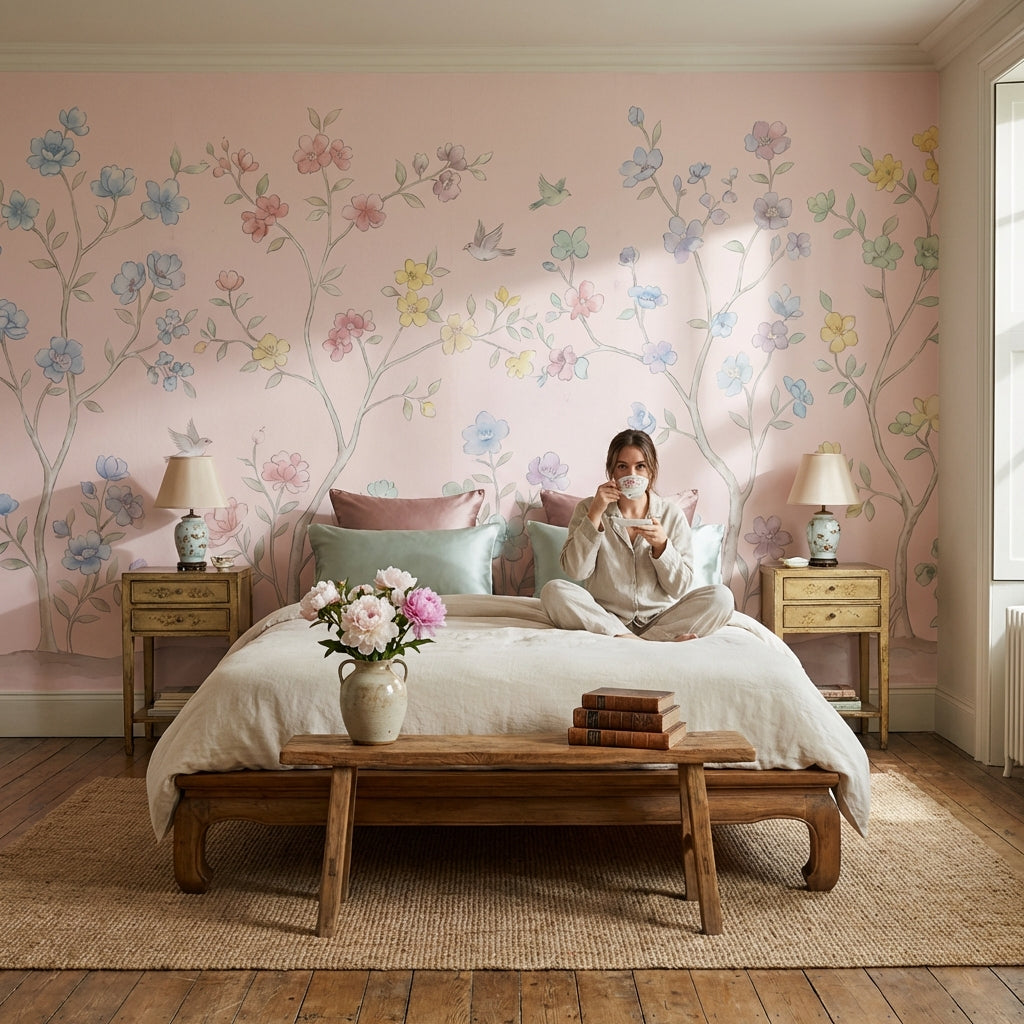 Pastel Floral Wallpaper Birds Garden Wall Mural