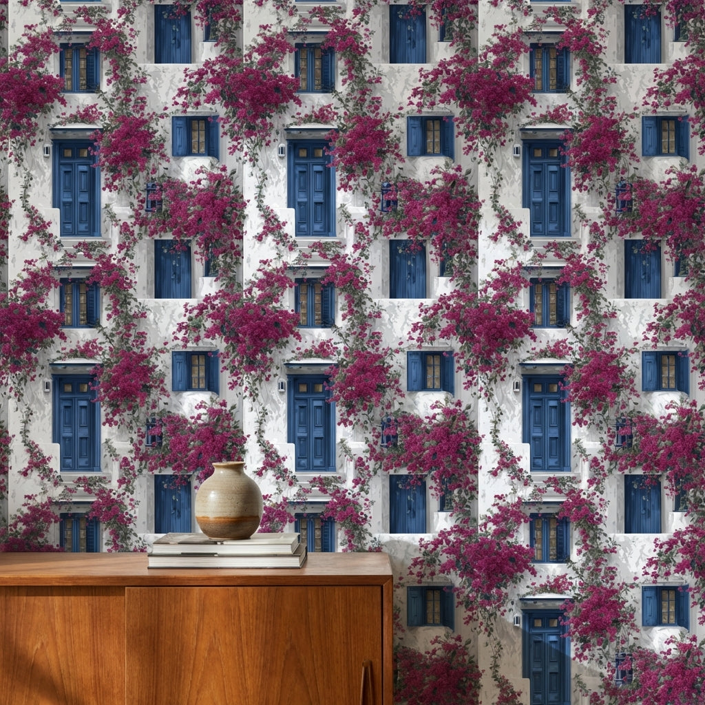 Mediterranean Walls Wallpaper Blue Floral Decorative Mural