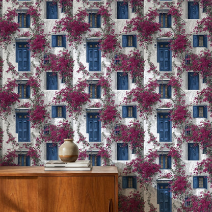 Mediterranean Walls Wallpaper Blue Floral Decorative Mural
