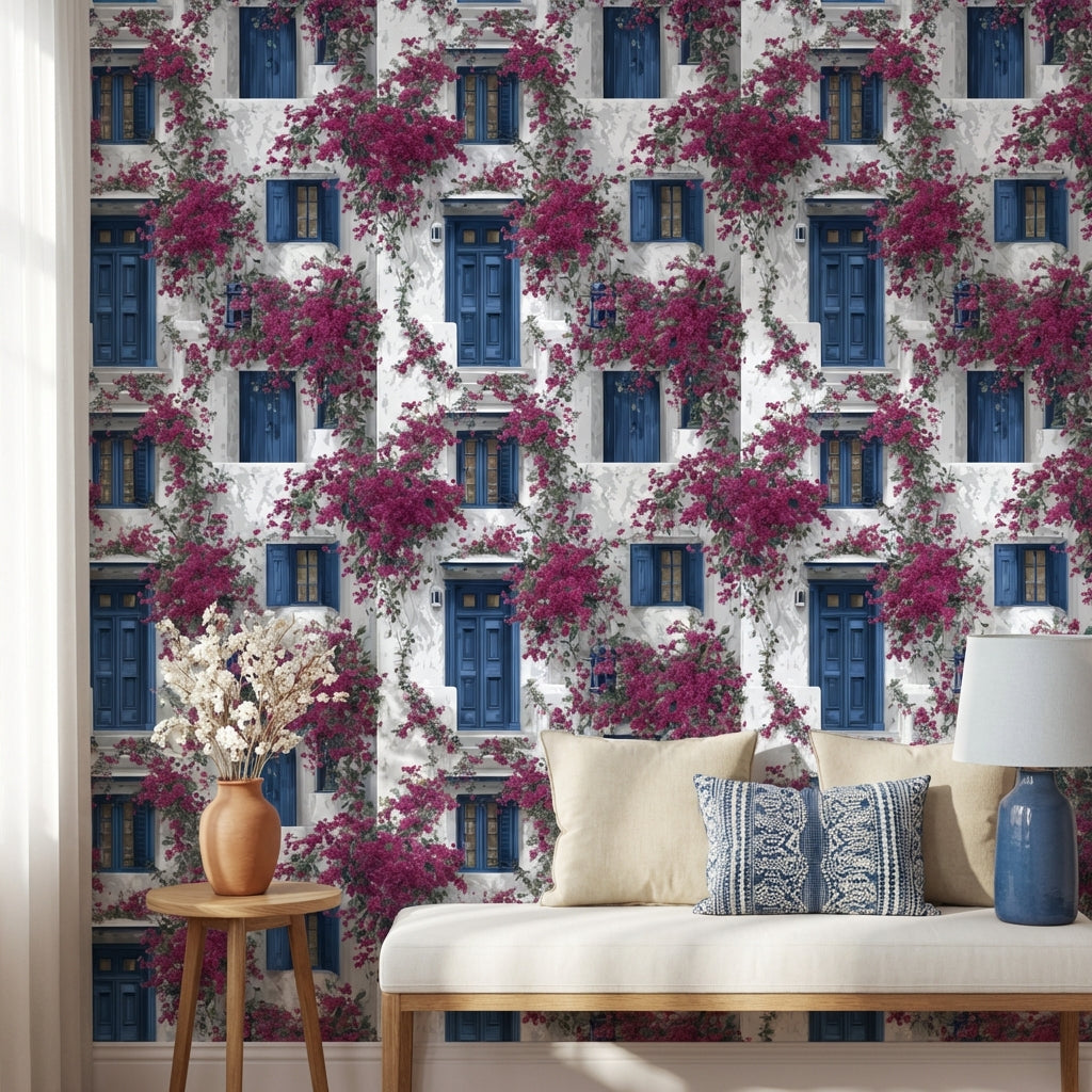 Mediterranean Walls Wallpaper Blue Floral Decorative Mural