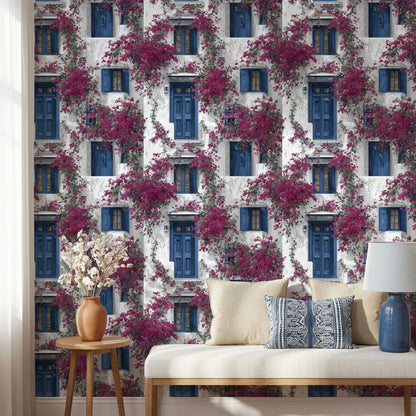 Mediterranean Walls Wallpaper Blue Floral Decorative Mural