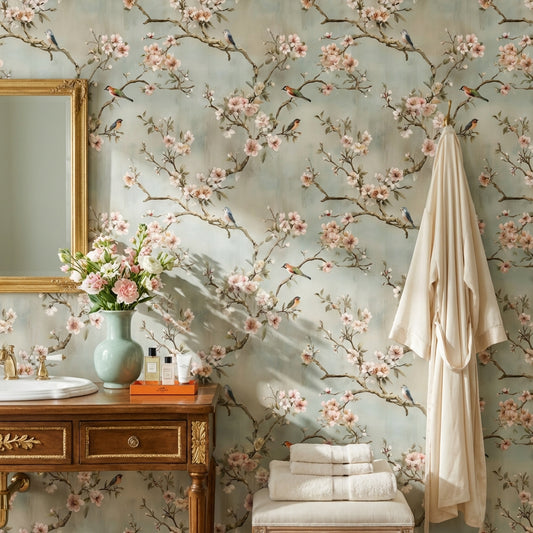 Pink Cherry Wallpaper Birds Vintage Decorative Mural