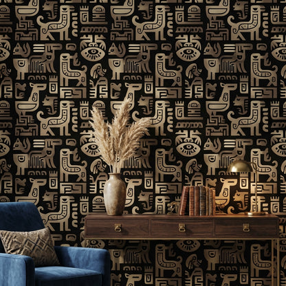 Stylized Animal Wallpaper Geometric Tribal Decorative Mural