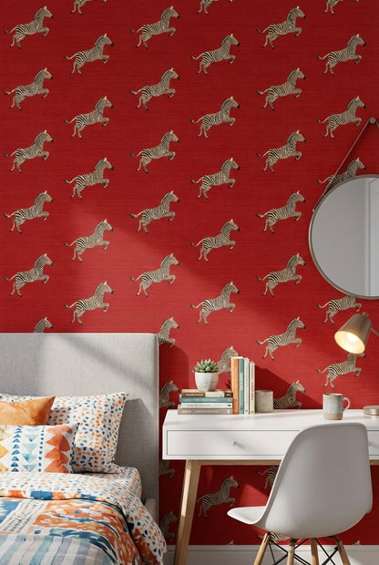 Zebra Wallpaper Animal Print Red Background Decorative Mural