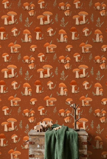 Muted Green Wallpaper Fern Mushroom Decorative Mural