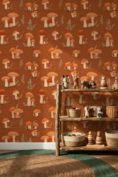 Muted Green Wallpaper Fern Mushroom Decorative Mural
