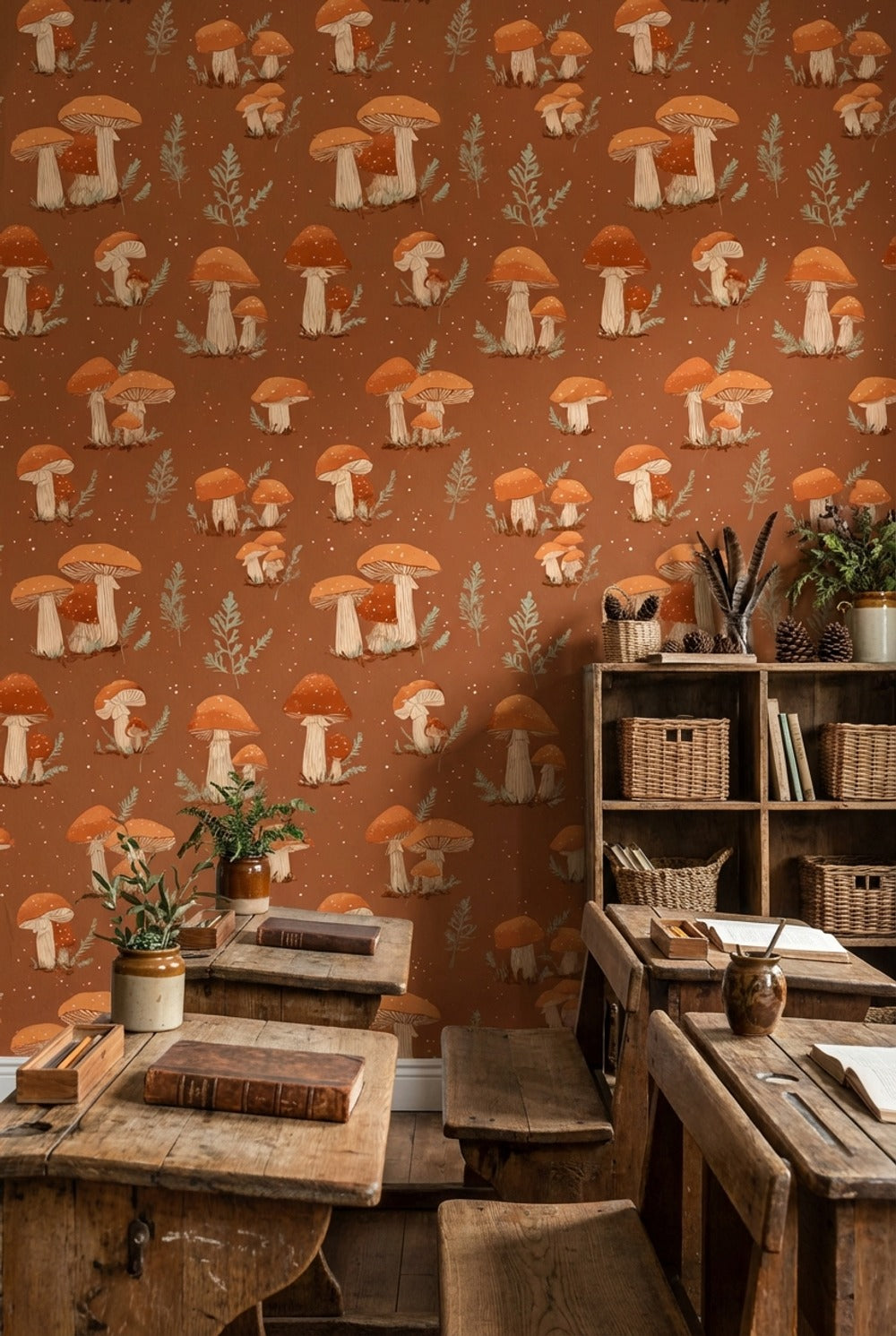 Muted Green Wallpaper Fern Mushroom Decorative Mural