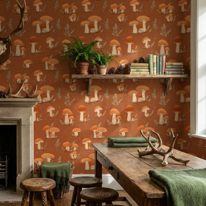Muted Green Wallpaper Fern Mushroom Decorative Mural