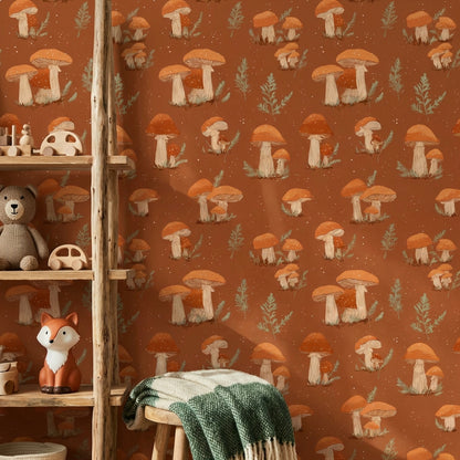 Muted Green Wallpaper Fern Mushroom Decorative Mural
