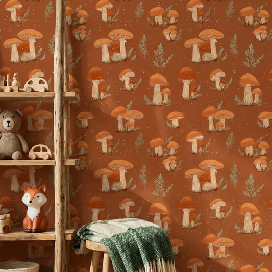 Muted Green Wallpaper Fern Mushroom Decorative Mural