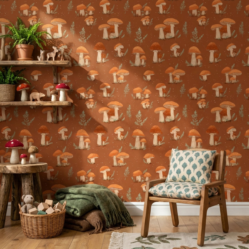 Muted Green Wallpaper Fern Mushroom Decorative Mural