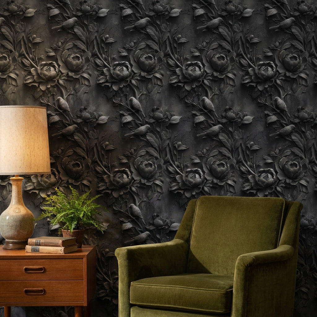 Floral Wallpaper Birds Textured Decorative Mural