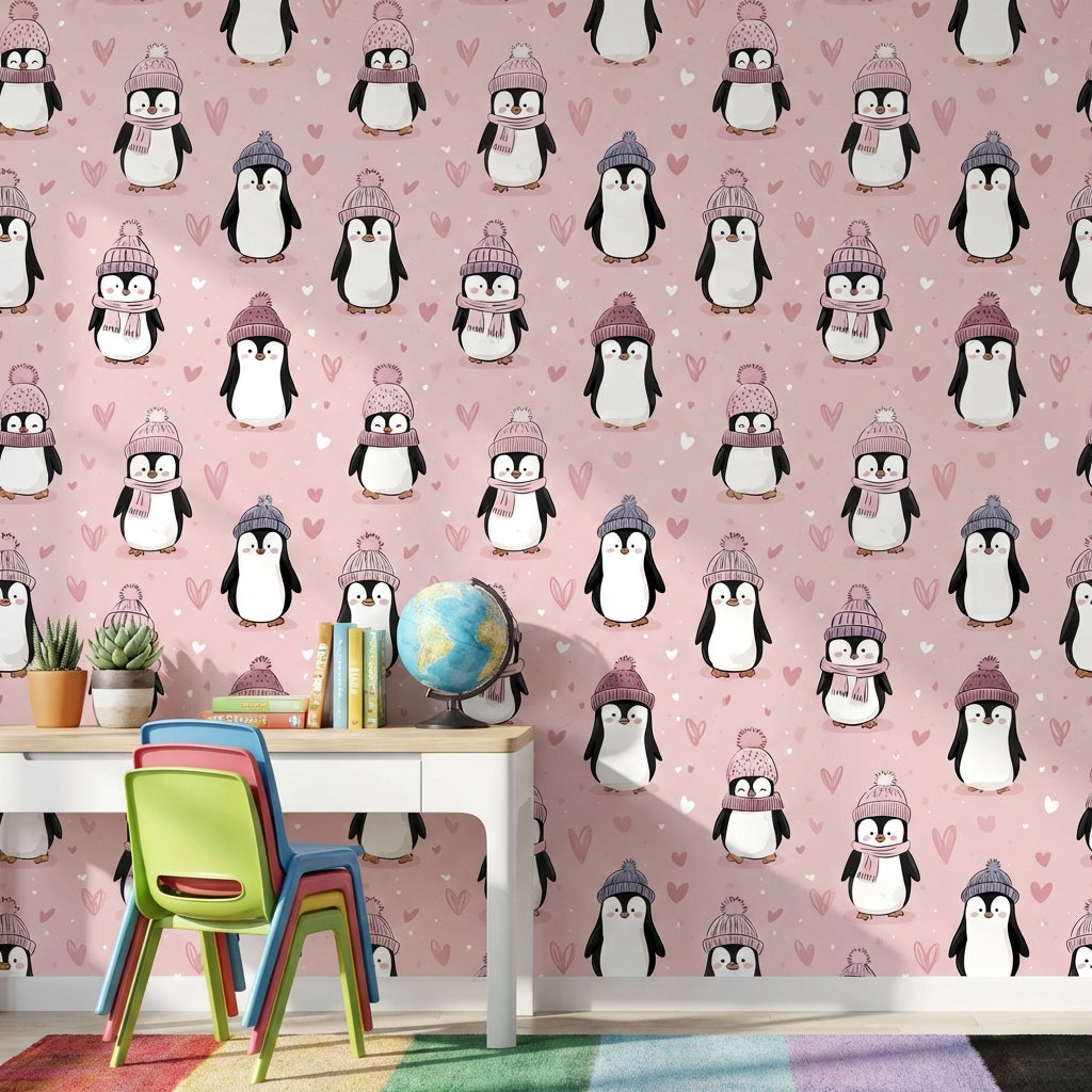 Penguins Wallpaper Pink Playful Decorative Mural