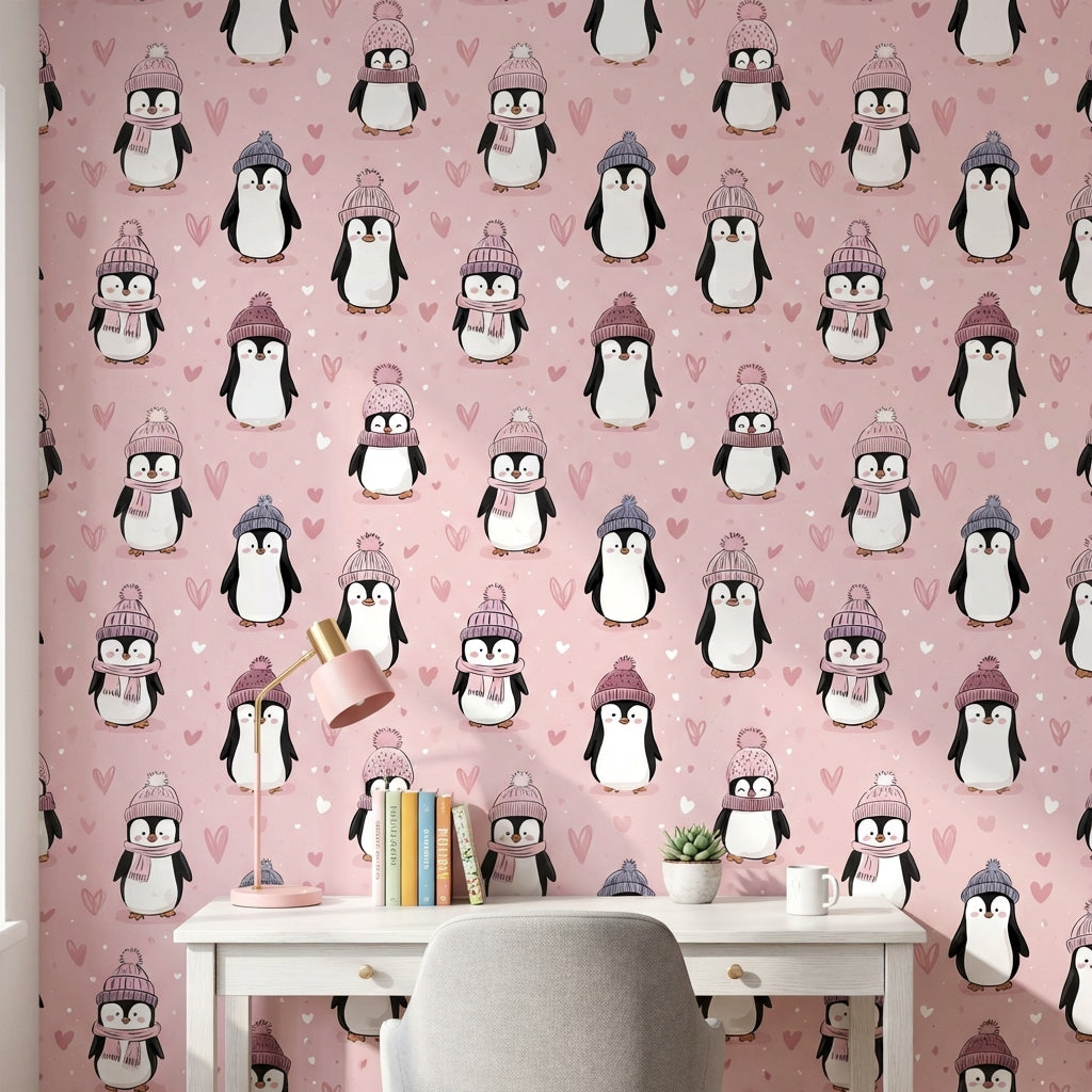Penguins Wallpaper Pink Playful Decorative Mural
