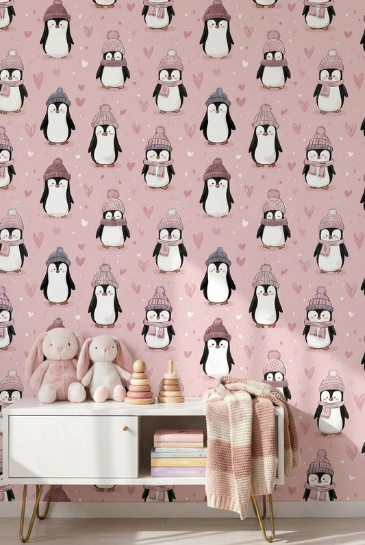 Penguins Wallpaper Pink Playful Decorative Mural