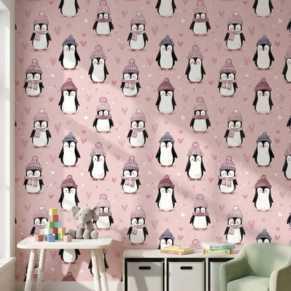 Penguins Wallpaper Pink Playful Decorative Mural
