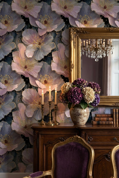 Floral Wallpaper Golden Look  Purple Decorative Mural