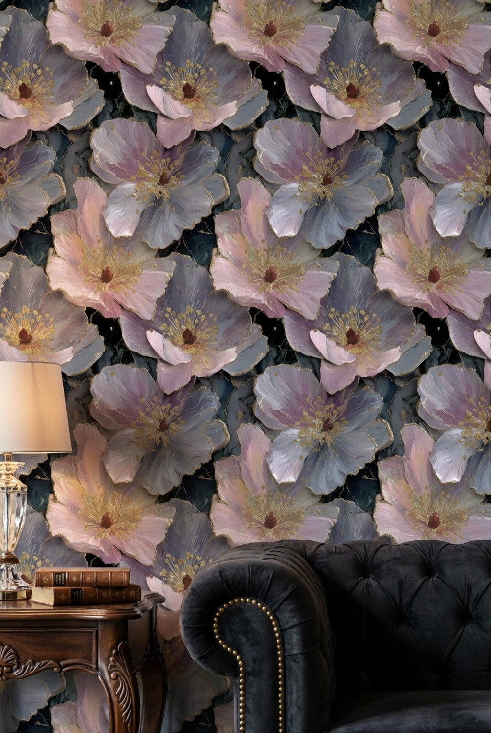 Floral Wallpaper Golden Look  Purple Decorative Mural