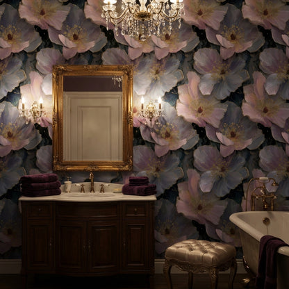 Floral Wallpaper Golden Look  Purple Decorative Mural