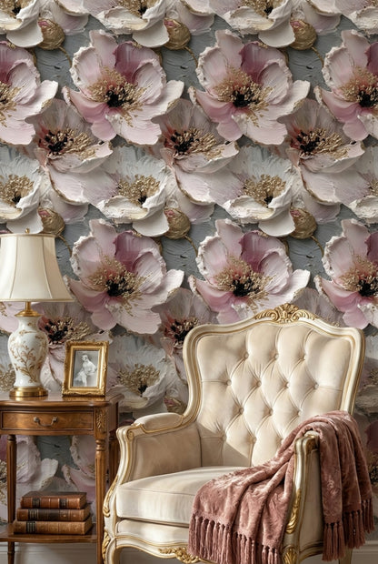 Floral Wallpaper Pink Golden Look  Decorative Mural