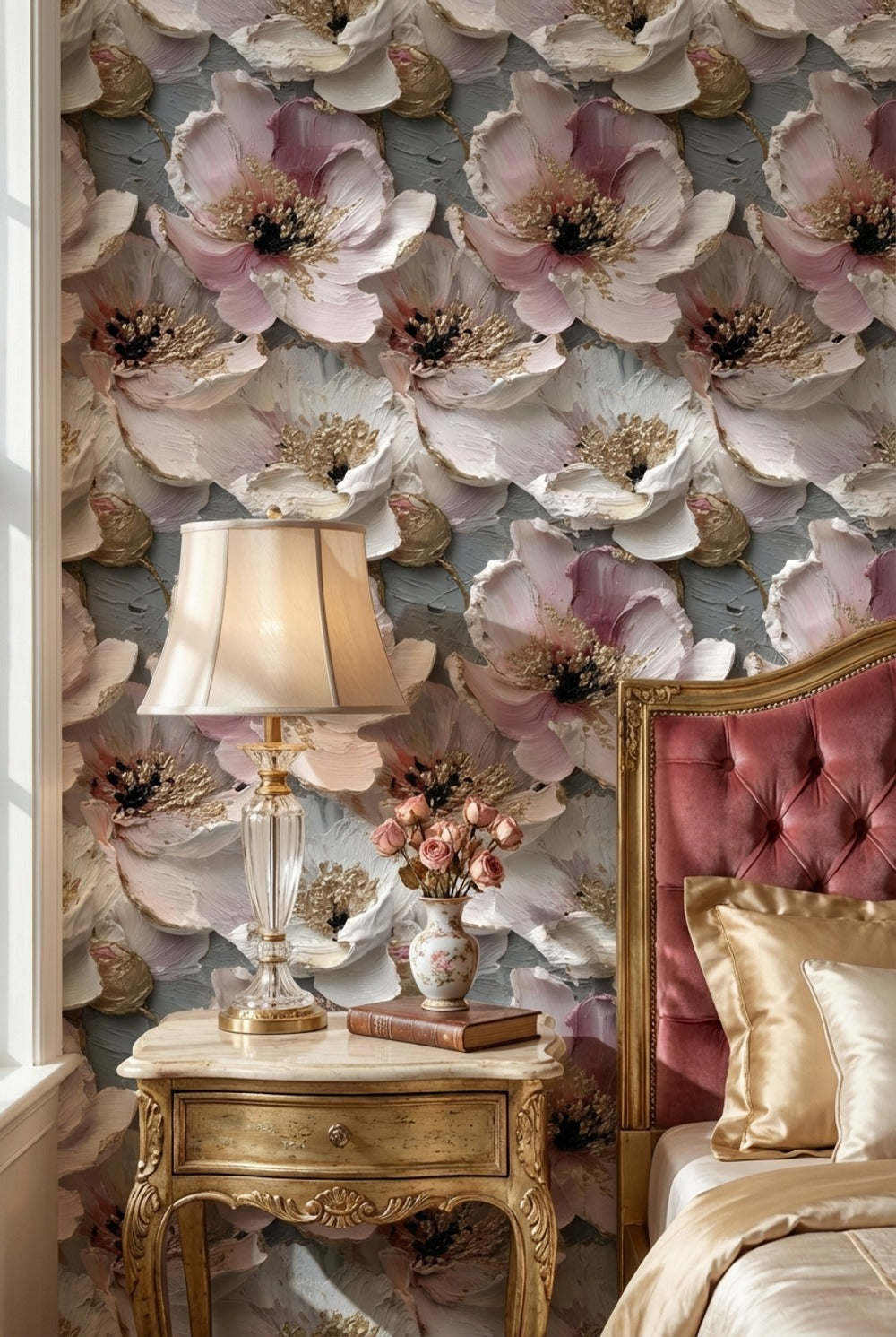 Floral Wallpaper Pink Golden Look  Decorative Mural
