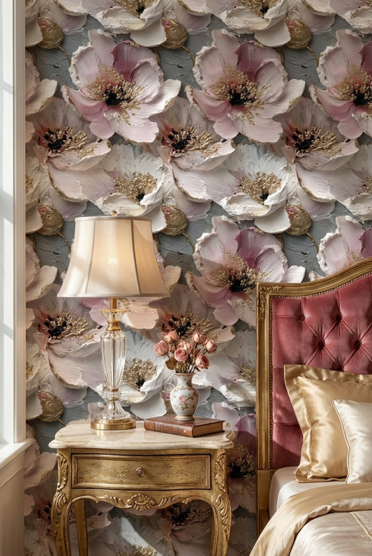 Floral Wallpaper Pink Golden Look  Decorative Mural