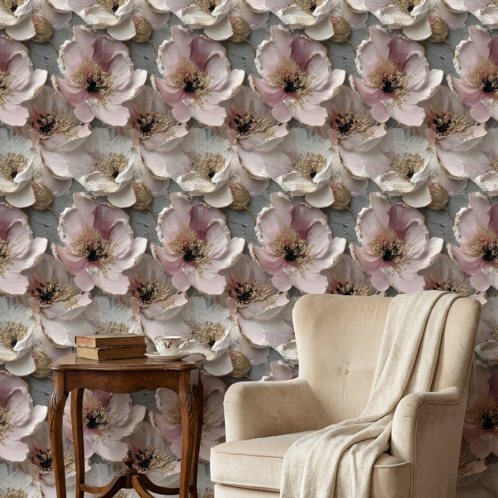 Floral Wallpaper Pink Golden Look  Decorative Mural