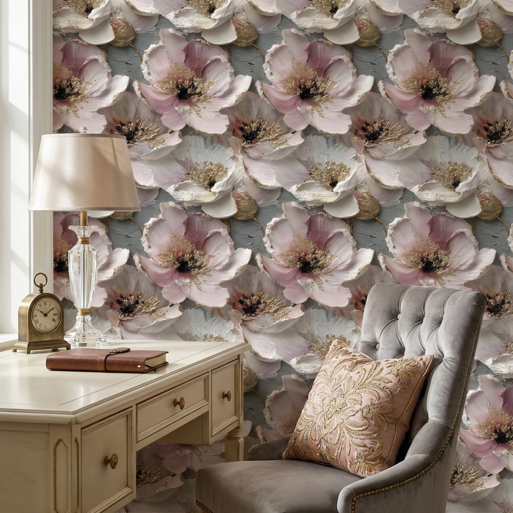 Floral Wallpaper Pink Golden Look  Decorative Mural