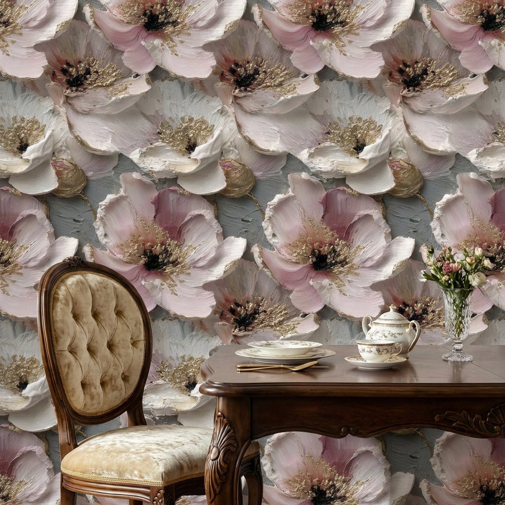 Floral Wallpaper Pink Golden Look  Decorative Mural