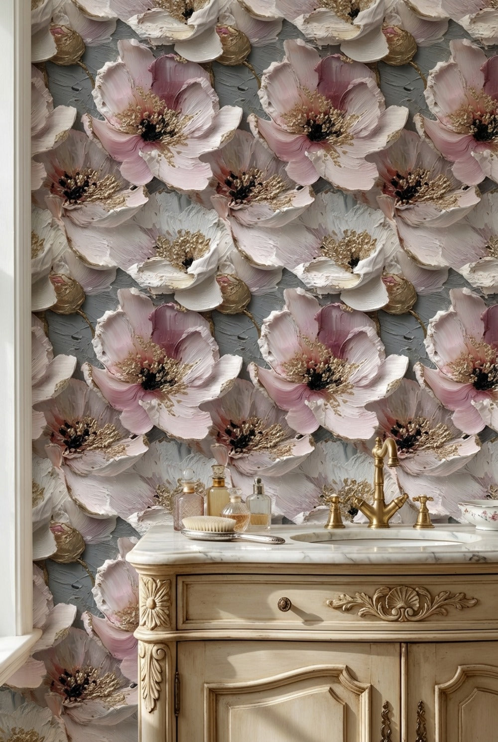 Floral Wallpaper Pink Golden Look  Decorative Mural