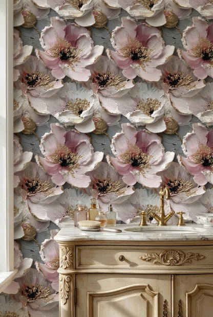 Floral Wallpaper Pink Golden Look  Decorative Mural
