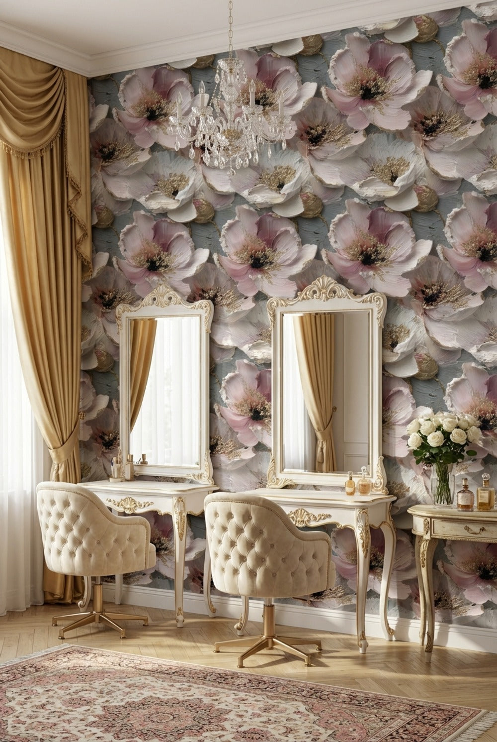 Floral Wallpaper Pink Golden Look  Decorative Mural
